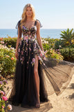 Corset A Line Applique Black Pink Flower Prom Dress with Slit