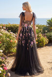Corset A Line Applique Black Pink Flower Prom Dress with Slit
