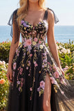 Corset A Line Applique Black Pink Flower Prom Dress with Slit