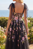 Corset A Line Applique Black Pink Flower Prom Dress with Slit