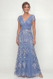 Dusty Blue A Line V-Neck Appliqued Mum of the Bride Dress with Short Sleeves