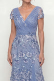 Dusty Blue A Line V-Neck Appliqued Mum of the Bride Dress with Short Sleeves