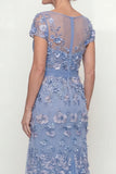 Dusty Blue A Line V-Neck Appliqued Mum of the Bride Dress with Short Sleeves