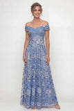 Off the Shoulder A Line Dusty Blue Mum of the Bride Dress with Appliques