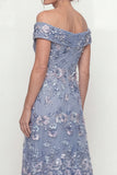 Off the Shoulder A Line Dusty Blue Mum of the Bride Dress with Appliques