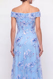 Off the Shoulder A Line Dusty Blue Mum of the Bride Dress with Appliques