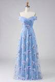 Off the Shoulder A Line Dusty Blue Mum of the Bride Dress with Appliques