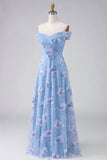 Off the Shoulder A Line Dusty Blue Mum of the Bride Dress with Appliques