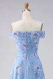 Off the Shoulder A Line Dusty Blue Mum of the Bride Dress with Appliques