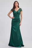 Dark Green Mermaid Ruched Applique Mum of the Bride Dress with Short Sleeves