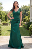 Dark Green Mermaid Ruched Applique Mum of the Bride Dress with Short Sleeves