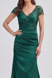 Dark Green Mermaid Ruched Applique Mum of the Bride Dress with Short Sleeves