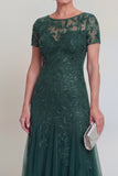 Navy Illusion Neck Applique Mum Of The Bide Dress with Short Sleeves