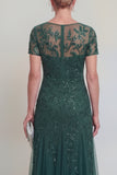 Navy Illusion Neck Applique Mum Of The Bide Dress with Short Sleeves