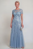 Navy Illusion Neck Applique Mum Of The Bide Dress with Short Sleeves