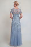 Navy Illusion Neck Applique Mum Of The Bide Dress with Short Sleeves