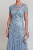 Navy Illusion Neck Applique Mum Of The Bide Dress with Short Sleeves