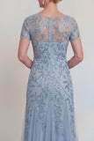 Navy Illusion Neck Applique Mum Of The Bide Dress with Short Sleeves