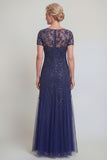 Navy Illusion Neck Applique Mum Of The Bide Dress with Short Sleeves