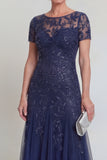 Navy Illusion Neck Applique Mum Of The Bide Dress with Short Sleeves