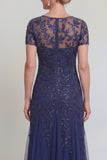 Navy Illusion Neck Applique Mum Of The Bide Dress with Short Sleeves