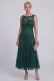 Dark Green Applique A Line Illusion Neck Midi Mum of the Bride Dress