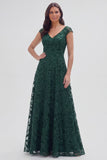 Dark Green Cap Sleeve A Line V-Neck Mum of the Bride Dress with Beading