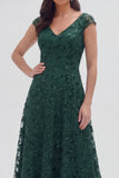Dark Green Cap Sleeve A Line V-Neck Mum of the Bride Dress with Beading