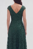 Dark Green Cap Sleeve A Line V-Neck Mum of the Bride Dress with Beading