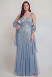 Grey Blue V-Neck Applique Long Mum of the Bride Dress with Wrap