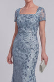Mermaid Grey Blue Square Neck Applique Mum of the Bride Dress with Short Sleeves