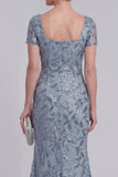 Mermaid Grey Blue Square Neck Applique Mum of the Bride Dress with Short Sleeves