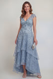Grey Blue A Line V-Neck Appliqued High Low Mother of the Bride Dress
