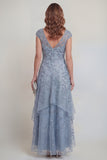 Grey Blue A Line V-Neck Appliqued High Low Mother of the Bride Dress