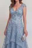 Grey Blue A Line V-Neck Appliqued High Low Mother of the Bride Dress