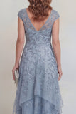 Grey Blue A Line V-Neck Appliqued High Low Mother of the Bride Dress