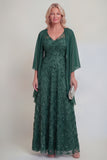 Dark Green A Line V-Neck Mum of the Bride Dress with Chiffon Capelet