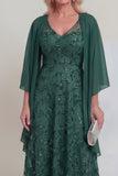 Dark Green A Line V-Neck Mum of the Bride Dress with Chiffon Capelet