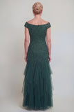Dark Green Ruffle Applique V-Neck Mother of the Bride Dress with Cap Sleeves