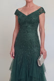 Dark Green Ruffle Applique V-Neck Mother of the Bride Dress with Cap Sleeves