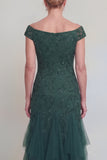 Dark Green Ruffle Applique V-Neck Mother of the Bride Dress with Cap Sleeves