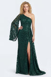 Sparkly One Shoulder Appliqued Dark Green Mum of the Bride Dress with Slit