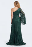 Sparkly One Shoulder Appliqued Dark Green Mum of the Bride Dress with Slit