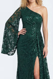 Sparkly One Shoulder Appliqued Dark Green Mum of the Bride Dress with Slit