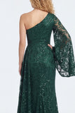 Sparkly One Shoulder Appliqued Dark Green Mum of the Bride Dress with Slit