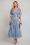 Grey Blue Appliqued V-Neck A Line Midi Mum of the Bride Dress