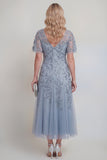 Grey Blue Appliqued V-Neck A Line Midi Mum of the Bride Dress