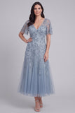 Grey Blue Appliqued V-Neck A Line Midi Mum of the Bride Dress