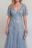 Grey Blue Appliqued V-Neck A Line Midi Mum of the Bride Dress