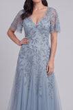 Grey Blue Appliqued V-Neck A Line Midi Mum of the Bride Dress